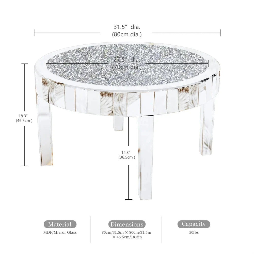 Luxury Silver Round Mirrored Coffee Table Elegant Accent Side Table with Glass Tabletop for Living Room Bedroom