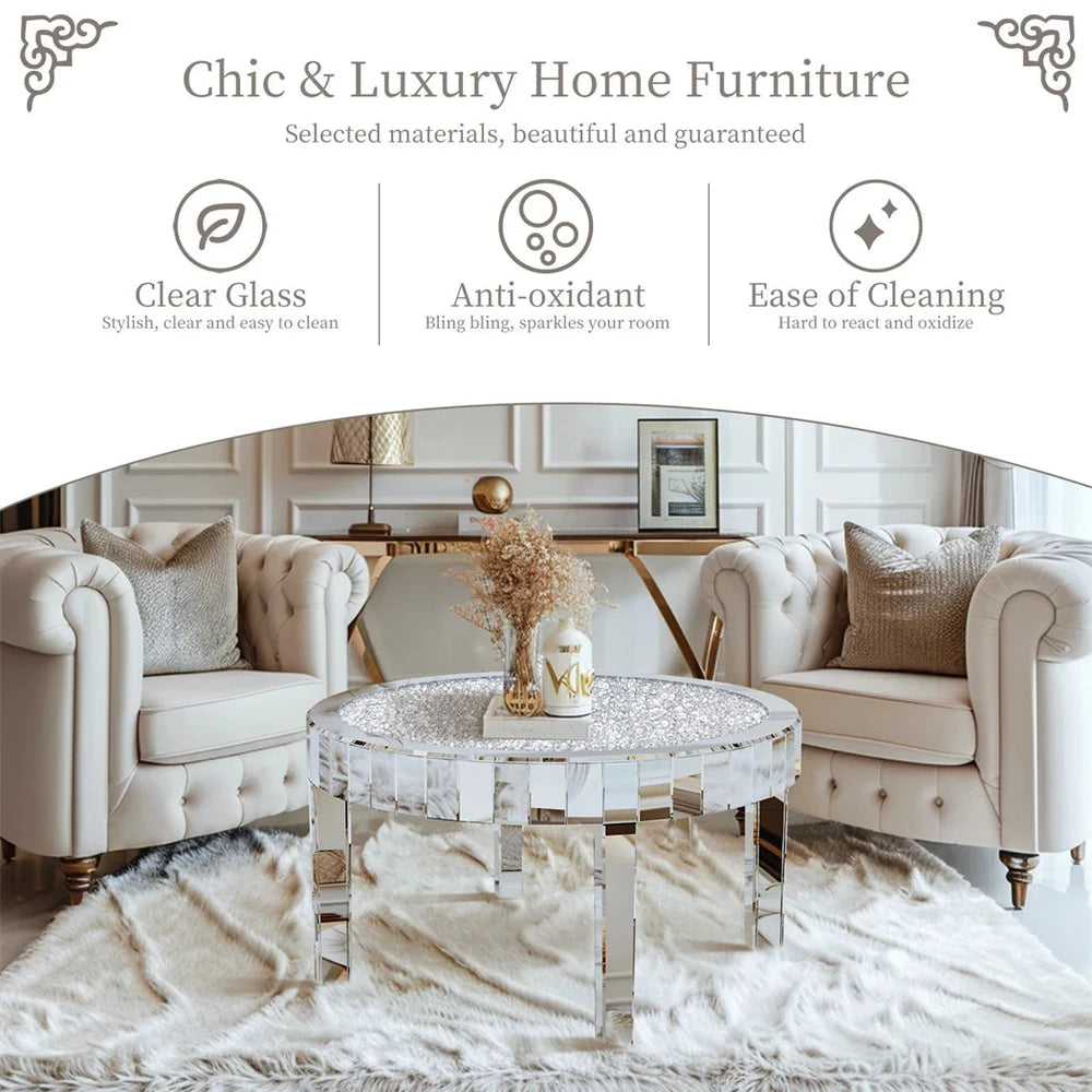 Luxury Silver Round Mirrored Coffee Table Elegant Accent Side Table with Glass Tabletop for Living Room Bedroom