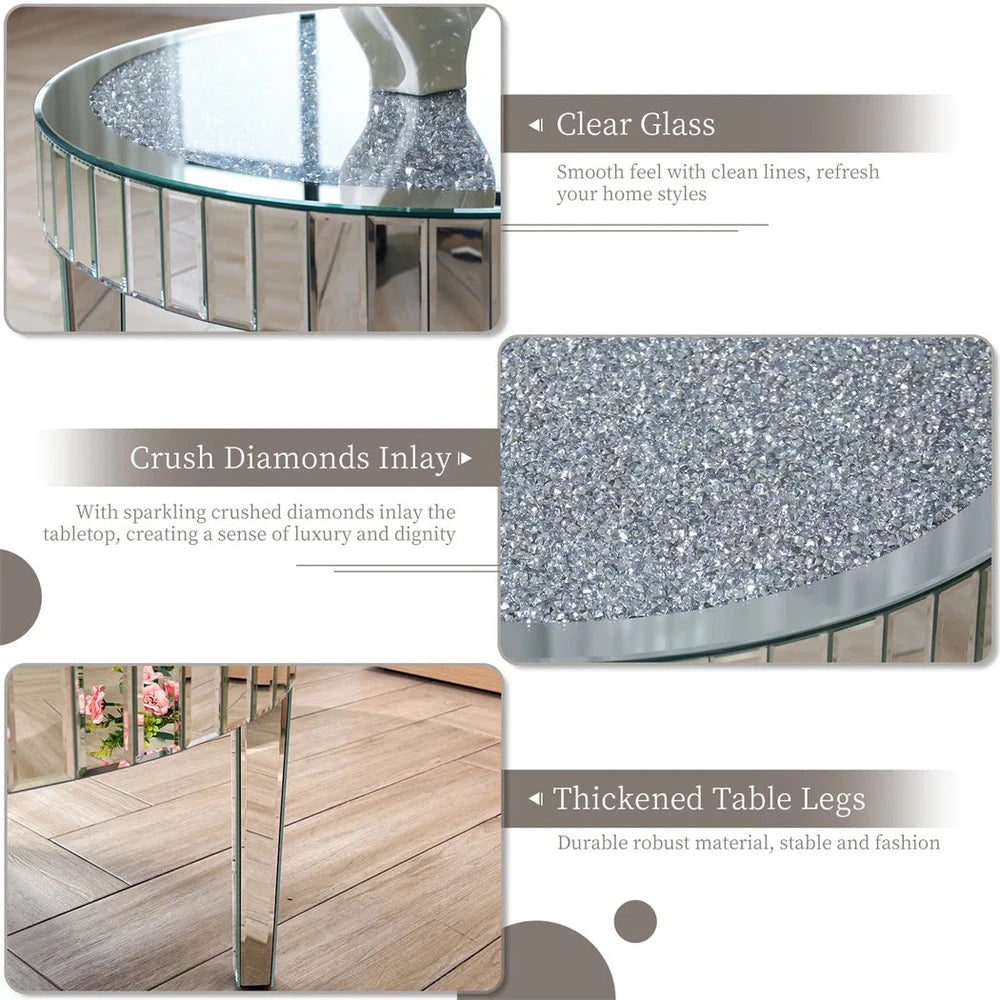 Luxury Silver Round Mirrored Coffee Table Elegant Accent Side Table with Glass Tabletop for Living Room Bedroom