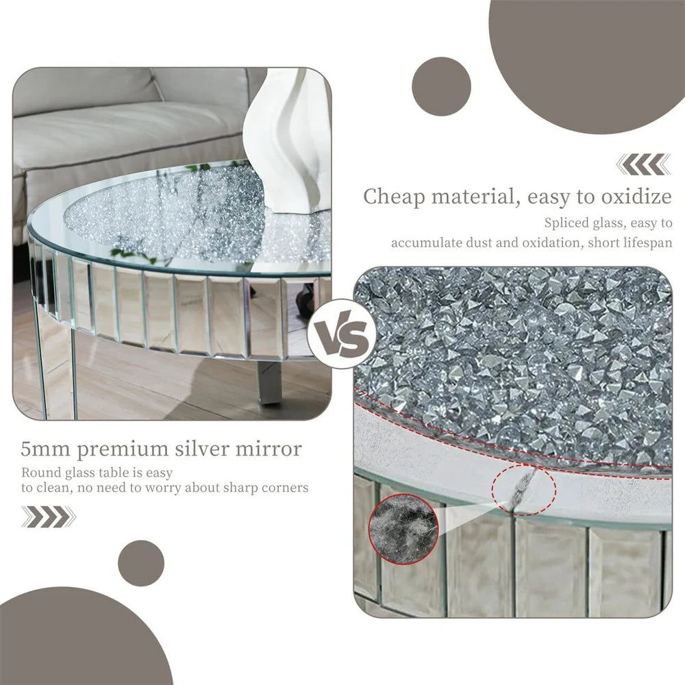Luxury Silver Round Mirrored Coffee Table Elegant Accent Side Table with Glass Tabletop for Living Room Bedroom