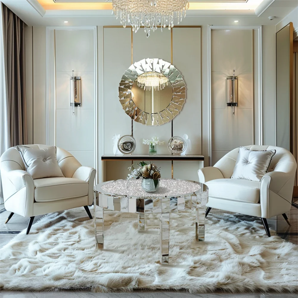 Luxury Silver Round Mirrored Coffee Table Elegant Accent Side Table with Glass Tabletop for Living Room Bedroom