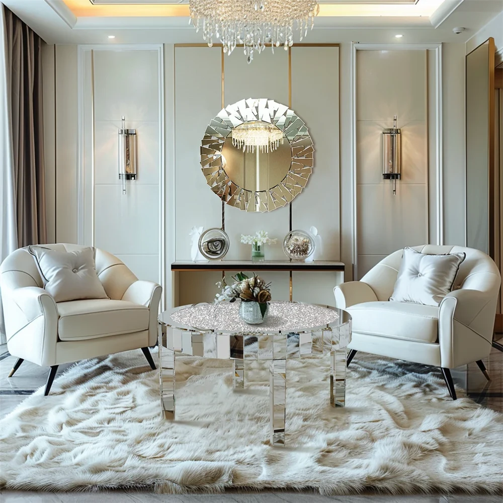 Luxury Silver Round Mirrored Coffee Table Elegant Accent Side Table with Glass Tabletop for Living Room Bedroom