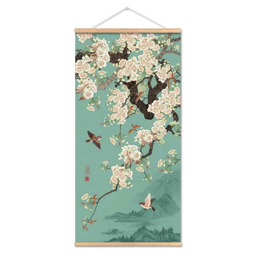 Chinese Art Landscape Ink On Canvas Anime Poster Vintage Plum Blossom Bird Hanging Canvas Painting With Wooden Frame