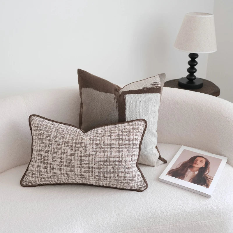 Coffee Brown Maillard Cushion Cover Retro Geometric Jacquard Pillow Case Wabi Sabi Pillow Covers Decorative Modern Luxury Home
