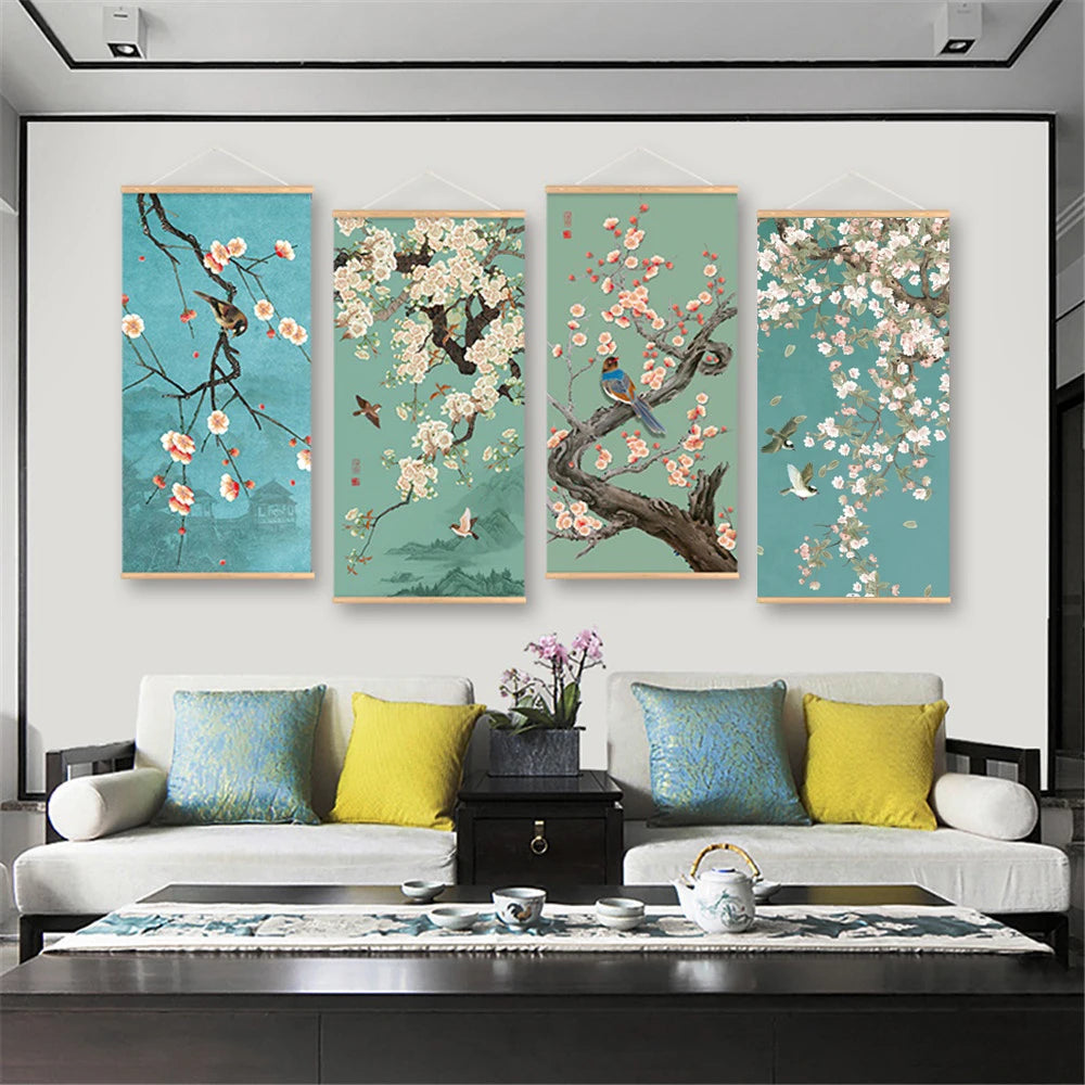 Chinese Art Landscape Ink On Canvas Anime Poster Vintage Plum Blossom Bird Hanging Canvas Painting With Wooden Frame