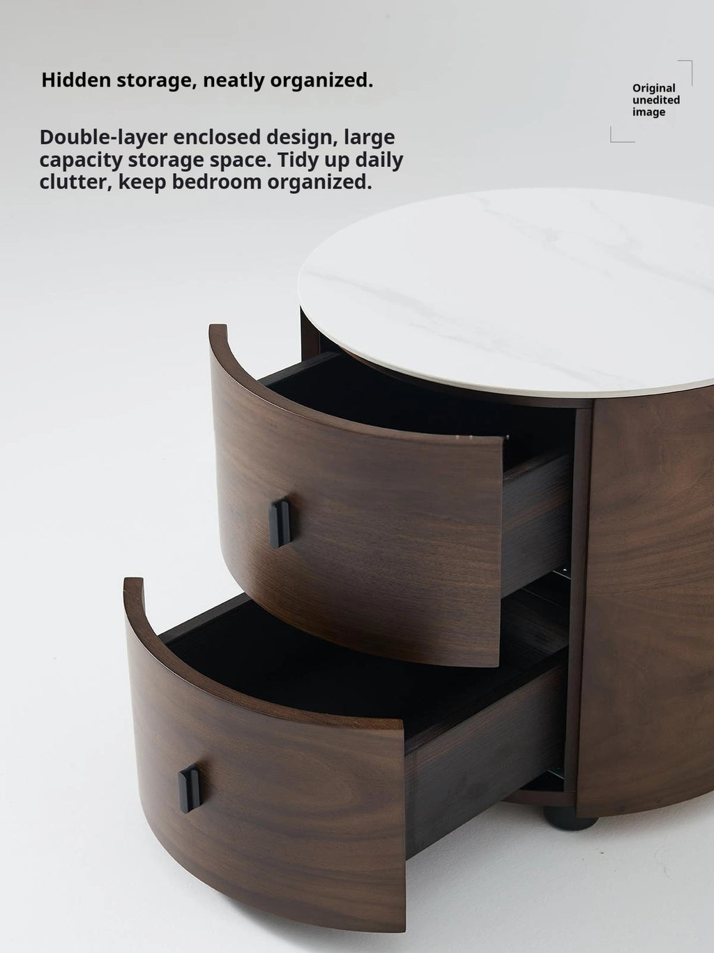 Italian Minimalist Nightstand, Walnut Round Bedside Table with Stone Top, Multi-Layer Wood &Eco-Friendly, Easy Clean, New Design
