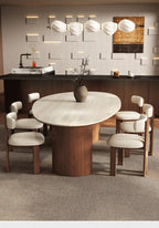 Any Size Custom Beige Travertine Teardrop Dining Table Wabi Sabi Mid Century Walnut Base Scratch Stain Resistant Luxury Dining T