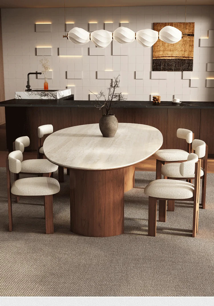 Any Size Custom Beige Travertine Teardrop Dining Table Wabi Sabi Mid Century Walnut Base Scratch Stain Resistant Luxury Dining T
