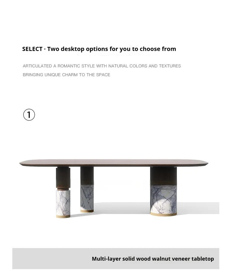 Natural Marble Dining Table with Walnut Base, Minimalist Luxury Villa Long Table, Eco-Friendly & Moisture-Proof, Customizable