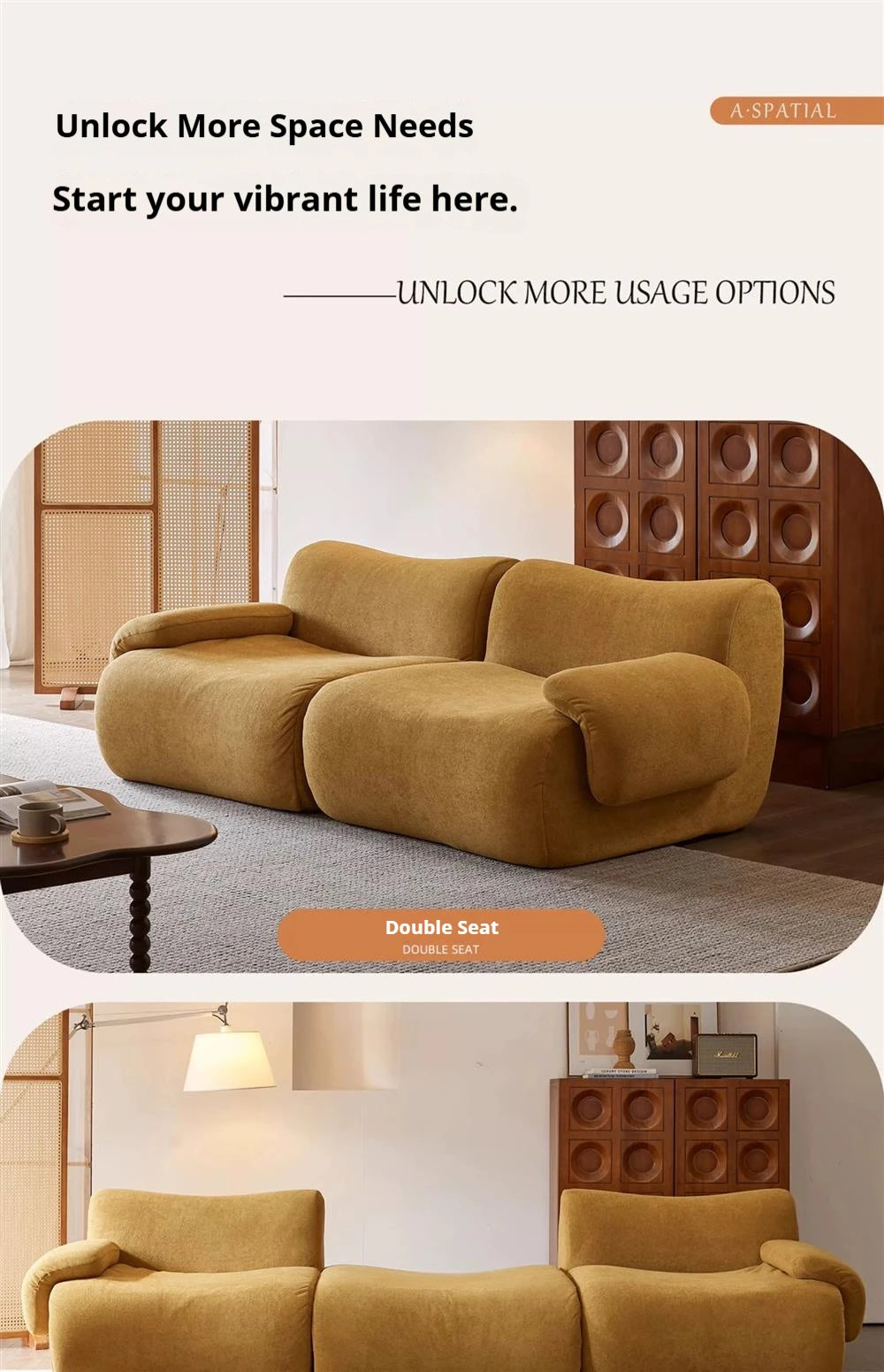 Vacuum-Compressed Modular Sofa, Wabi-Sabi Sherpa Fabric Sectional with High-Elastic Foam, Cream Mid-Century Style, Space Saving