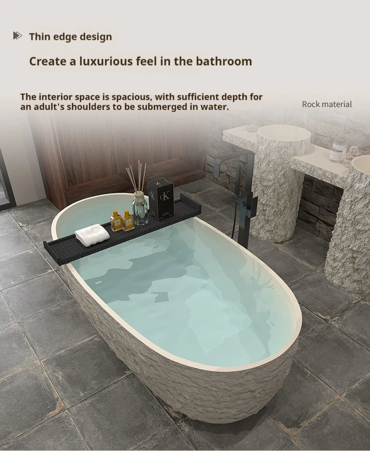 Wabi-Sabi Stone Texture Bathtub, One-Piece Artificial Stone Tub for Home , Heat Retention&Easy Clean, Body Contour, Customizable