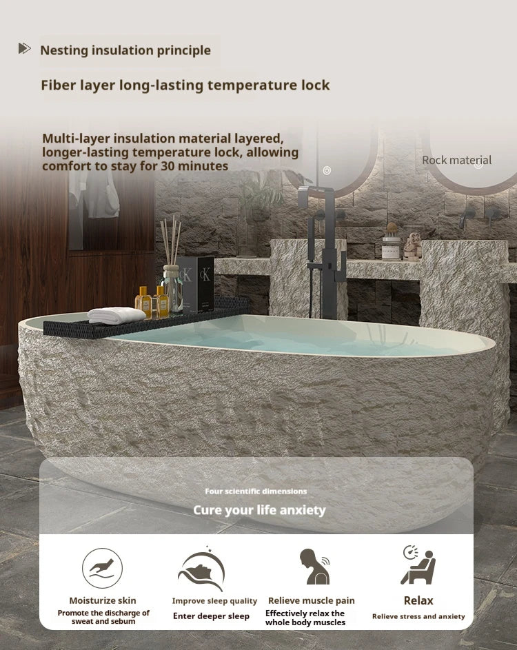 Wabi-Sabi Stone Texture Bathtub, One-Piece Artificial Stone Tub for Home , Heat Retention&Easy Clean, Body Contour, Customizable