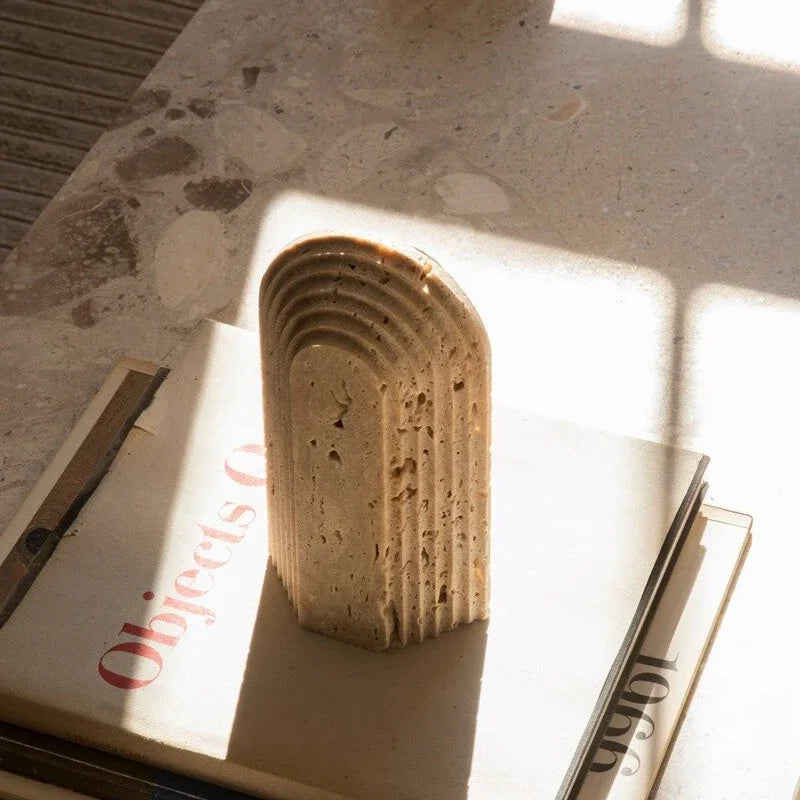 Organic Marble Sculpture in Yellow Travertine, Wabi Sabi Art Object for Shelf Decor, Window Display & Minimalist Home Statue