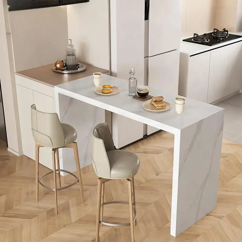 Quartz Stone Breakfast Bar, Kitchen Island with Dining Table & Cabinet, Stain Resistant & High Hardness, Custom Modern Design