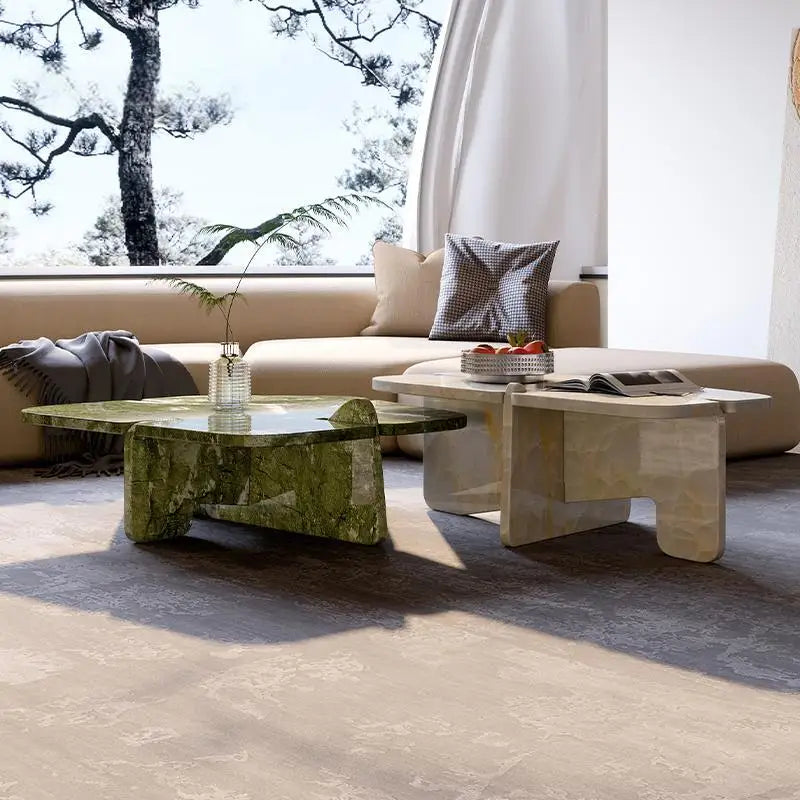 Designer Natural Marble Coffee Table Set, Italian Minimalist High-Low Nesting Tables for Small Space, Heat & Scratch Resistant
