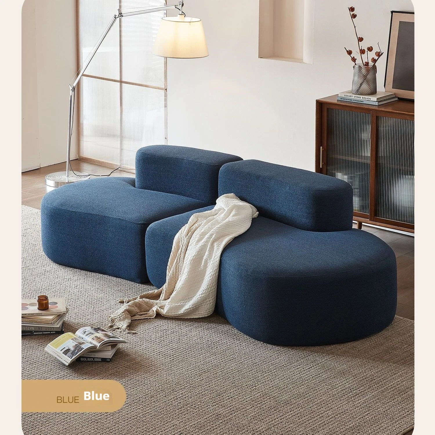 Fabric Sofa, Cashew Shape Compression Couch with High-Resilience Foam, Velvet Upholstery, Non-Deformation, Roll-Pack Design