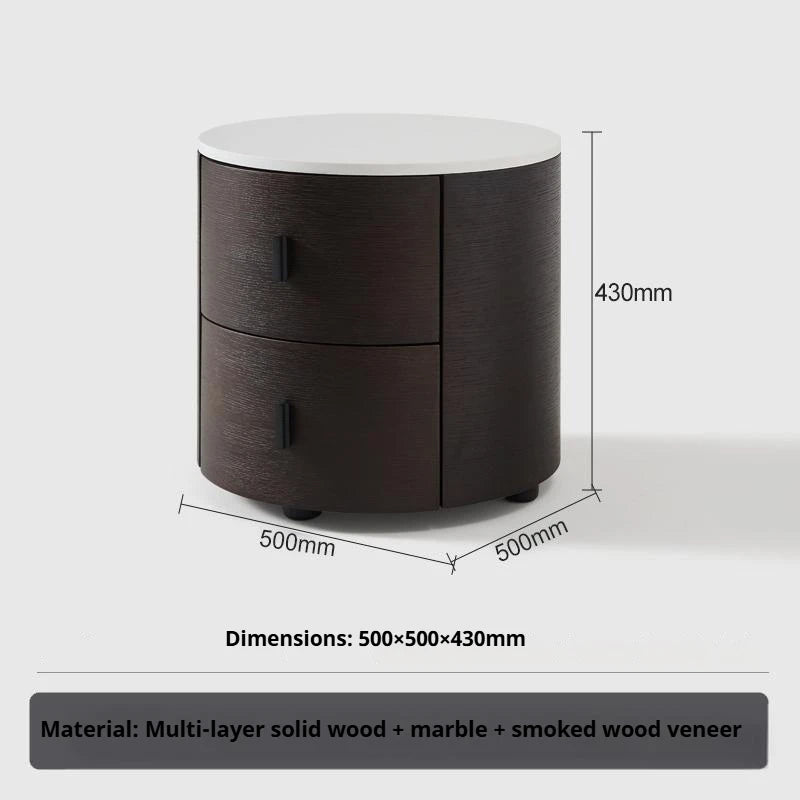 Italian Minimalist Nightstand, Walnut Round Bedside Table with Stone Top, Multi-Layer Wood &Eco-Friendly, Easy Clean, New Design