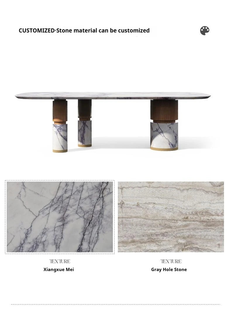 Natural Marble Dining Table with Walnut Base, Minimalist Luxury Villa Long Table, Eco-Friendly & Moisture-Proof, Customizable