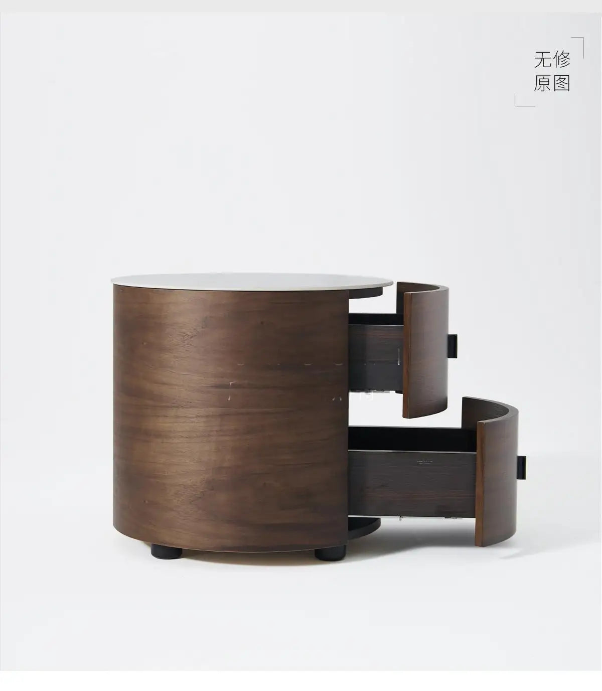 Italian Minimalist Nightstand, Walnut Round Bedside Table with Stone Top, Multi-Layer Wood &Eco-Friendly, Easy Clean, New Design