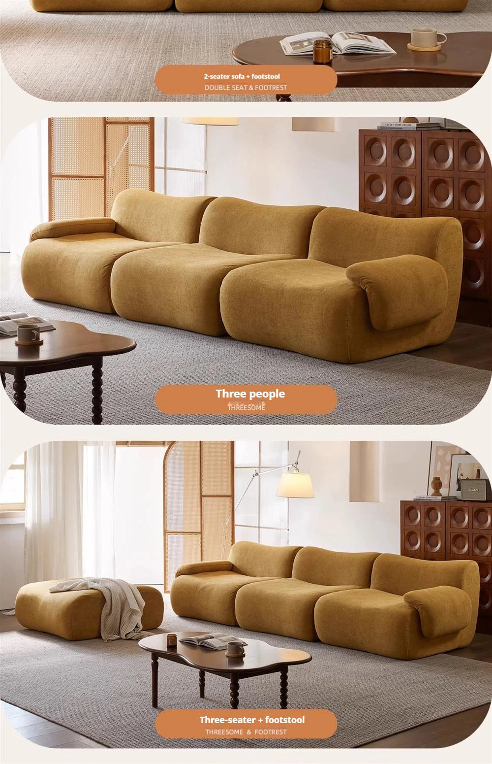 Vacuum-Compressed Modular Sofa, Wabi-Sabi Sherpa Fabric Sectional with High-Elastic Foam, Cream Mid-Century Style, Space Saving
