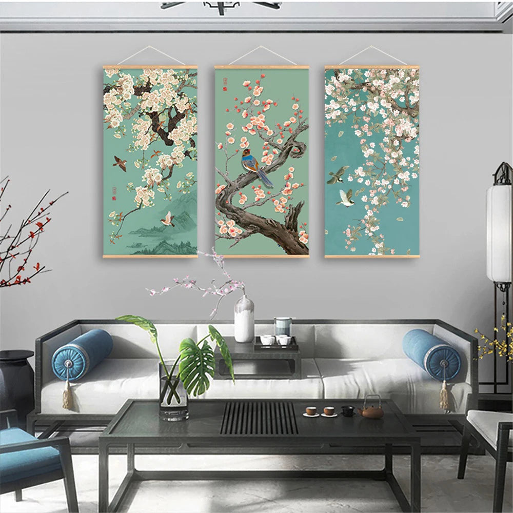 Chinese Art Landscape Ink On Canvas Anime Poster Vintage Plum Blossom Bird Hanging Canvas Painting With Wooden Frame