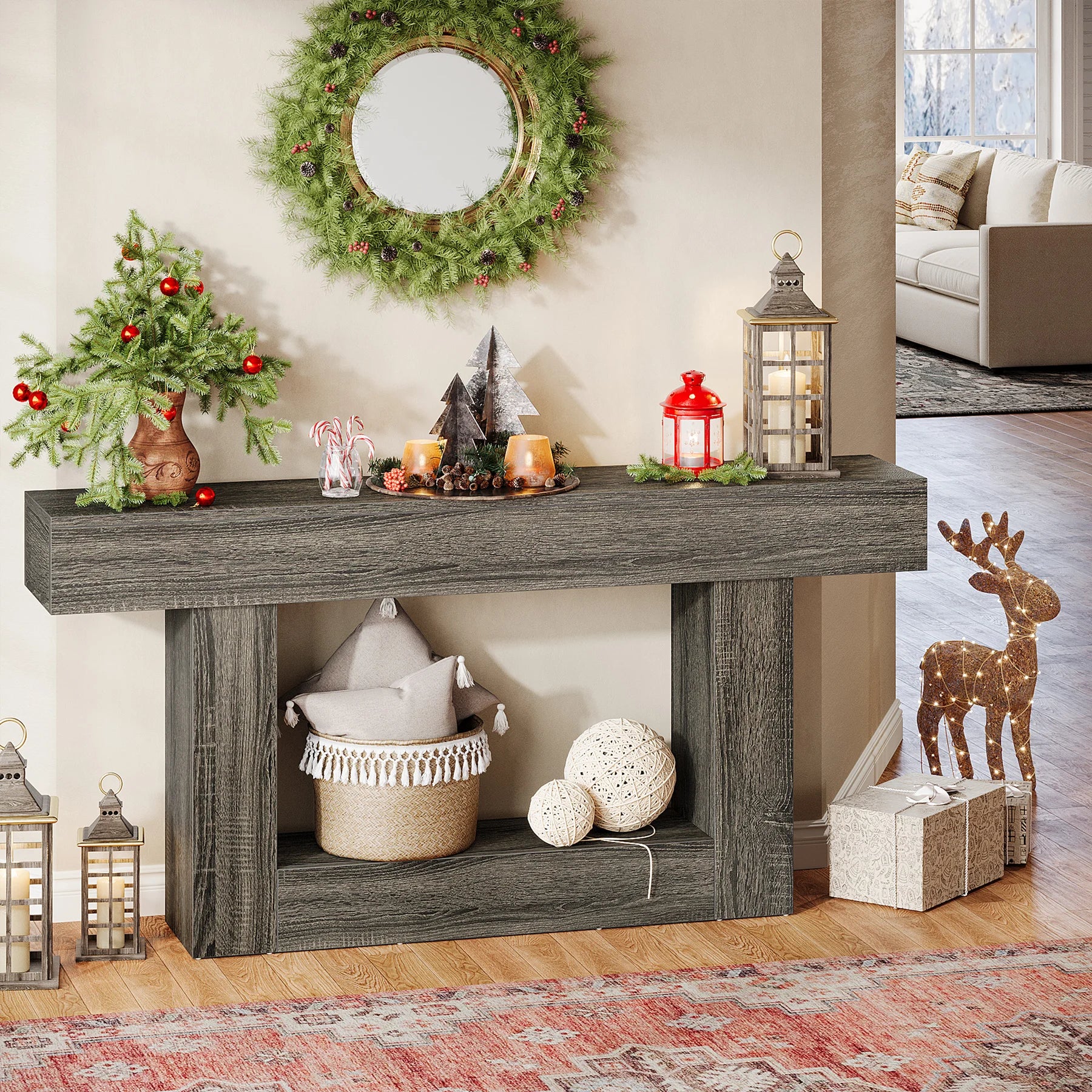 Tribesigns 63" Console Table, Farmhouse 2-Tier Entryway Table with U-Shaped Base, Narrow Long Wood Sofa Table Behind Couch Table