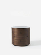 Italian Minimalist Nightstand, Walnut Round Bedside Table with Stone Top, Multi-Layer Wood &Eco-Friendly, Easy Clean, New Design