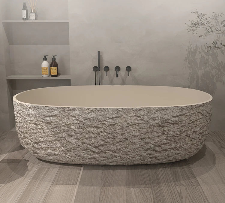 Wabi-Sabi Stone Texture Bathtub, One-Piece Artificial Stone Tub for Home , Heat Retention&Easy Clean, Body Contour, Customizable