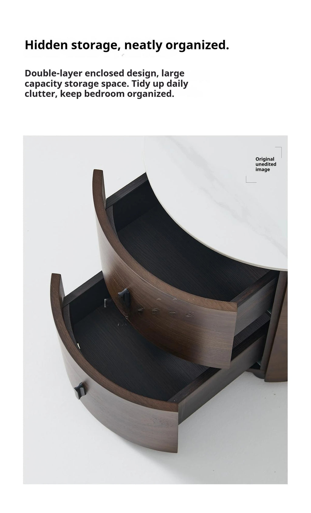Italian Minimalist Nightstand, Walnut Round Bedside Table with Stone Top, Multi-Layer Wood &Eco-Friendly, Easy Clean, New Design