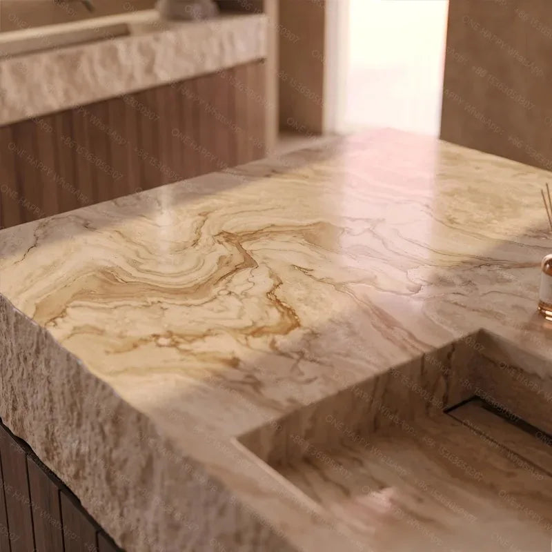 Any Size Custom Wall Mounted Washbasin Rough Travertine Countertop Concealed Drain Textured Basin Artificial Stone Countertop Ba