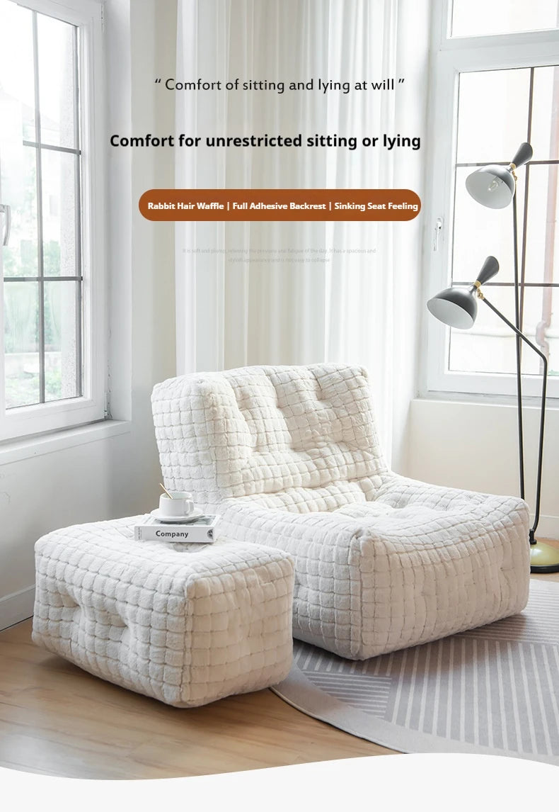 Italian Faux Rabbit Fur Bean Bag Chair, Adjustable Lounge Sac for Living Room & Bedroom, Mixed Filling & Ergonomic, White