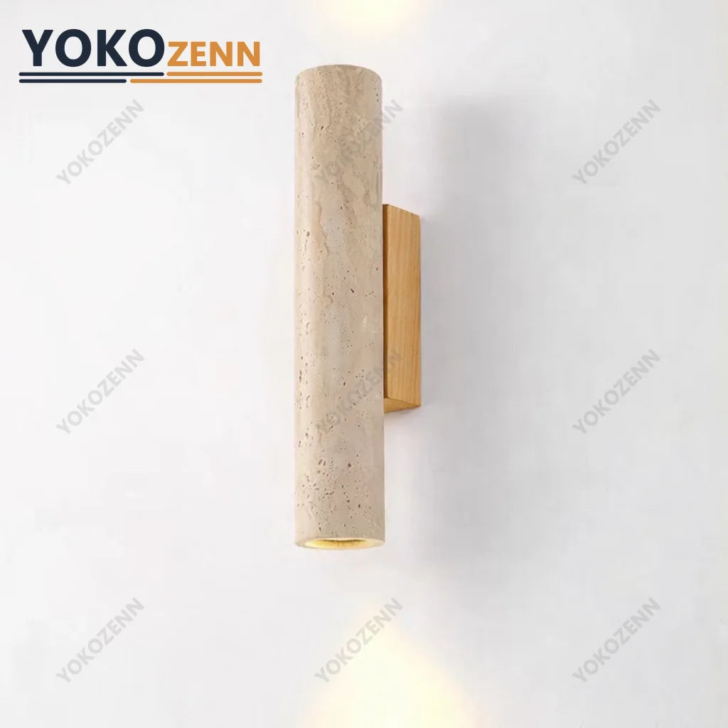 Wabi Sabi  Natural Travertine E27 Wall Lamp, Log & Walnut Wood Wall Light for Bedroom Bedside Staircase Living Room Home Decor