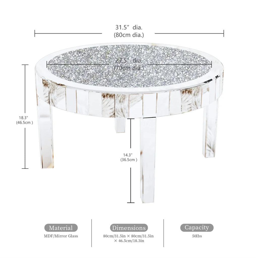 Luxury Silver Round Mirrored Coffee Table Elegant Accent Side Table with Glass Tabletop for Living Room Bedroom