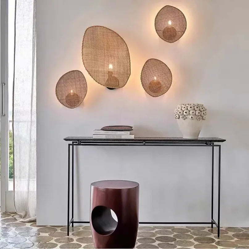 H5-Wabi Sabi Wall Lamp Japanese Room Decor Rattan Lamp Hand-woven Living Room Bedroom Beside Retro Study Corridor Aisle Light
