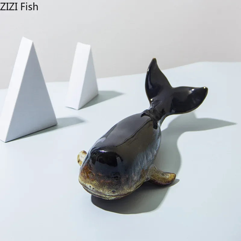 Creative Whale Ceramic Sculpture Modern Crafts Porcelain Ornaments Desk Decoration Simulated Whale Statue Room Aesthetic Decor