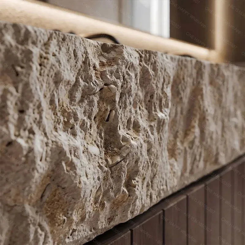 Any Size Custom Wall Mounted Washbasin Rough Travertine Countertop Concealed Drain Textured Basin Artificial Stone Countertop Ba
