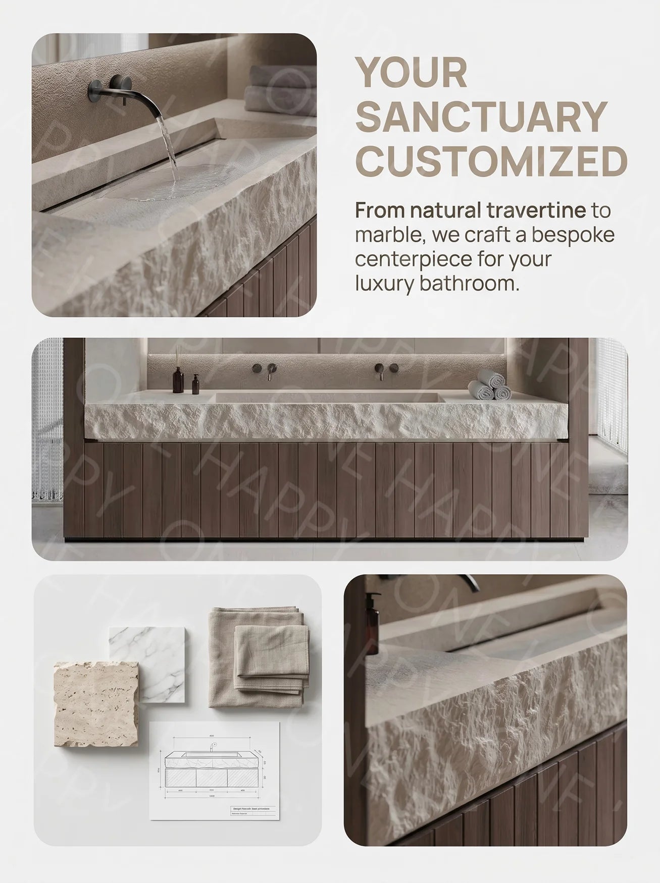 Any Size Custom Wall Mounted Washbasin Rough Travertine Countertop Concealed Drain Textured Basin Artificial Stone Countertop Ba