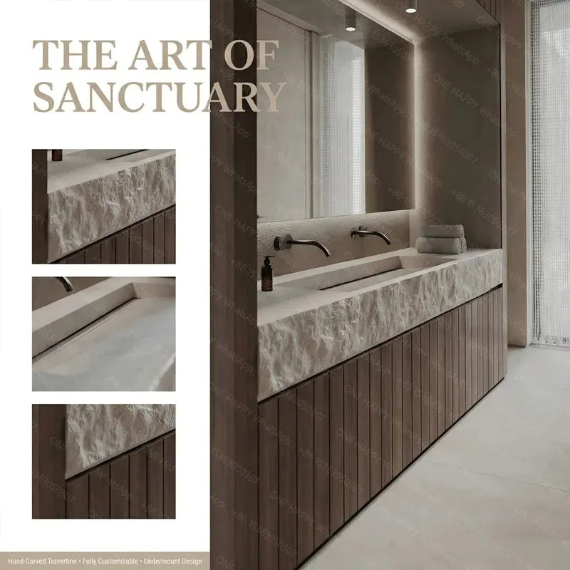 Any Size Custom Wall Mounted Washbasin Rough Travertine Countertop Concealed Drain Textured Basin Artificial Stone Countertop Ba