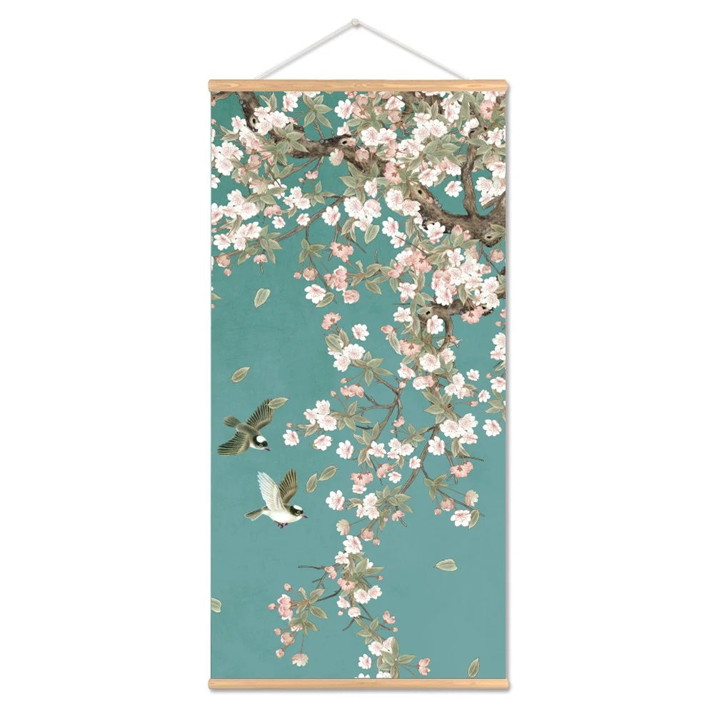 Chinese Art Landscape Ink On Canvas Anime Poster Vintage Plum Blossom Bird Hanging Canvas Painting With Wooden Frame