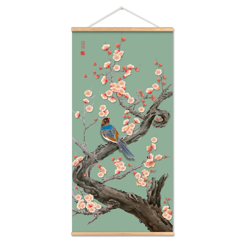 Chinese Art Landscape Ink On Canvas Anime Poster Vintage Plum Blossom Bird Hanging Canvas Painting With Wooden Frame