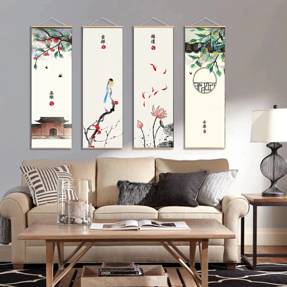 Chinese Style Green Plants Canvas Scroll Painting Poster Canvas Prints Living Room Home Decoration Wall Art Painting Gift