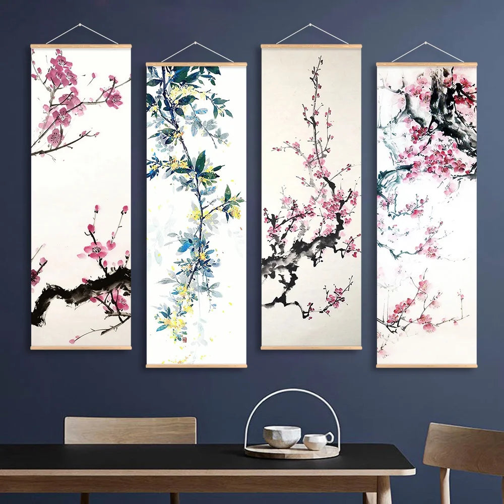 Chinese Plum Blossom Scroll Hanging Painting Canvas Art Flower Wall Painting Scroll Painting Living Room Home Decoration