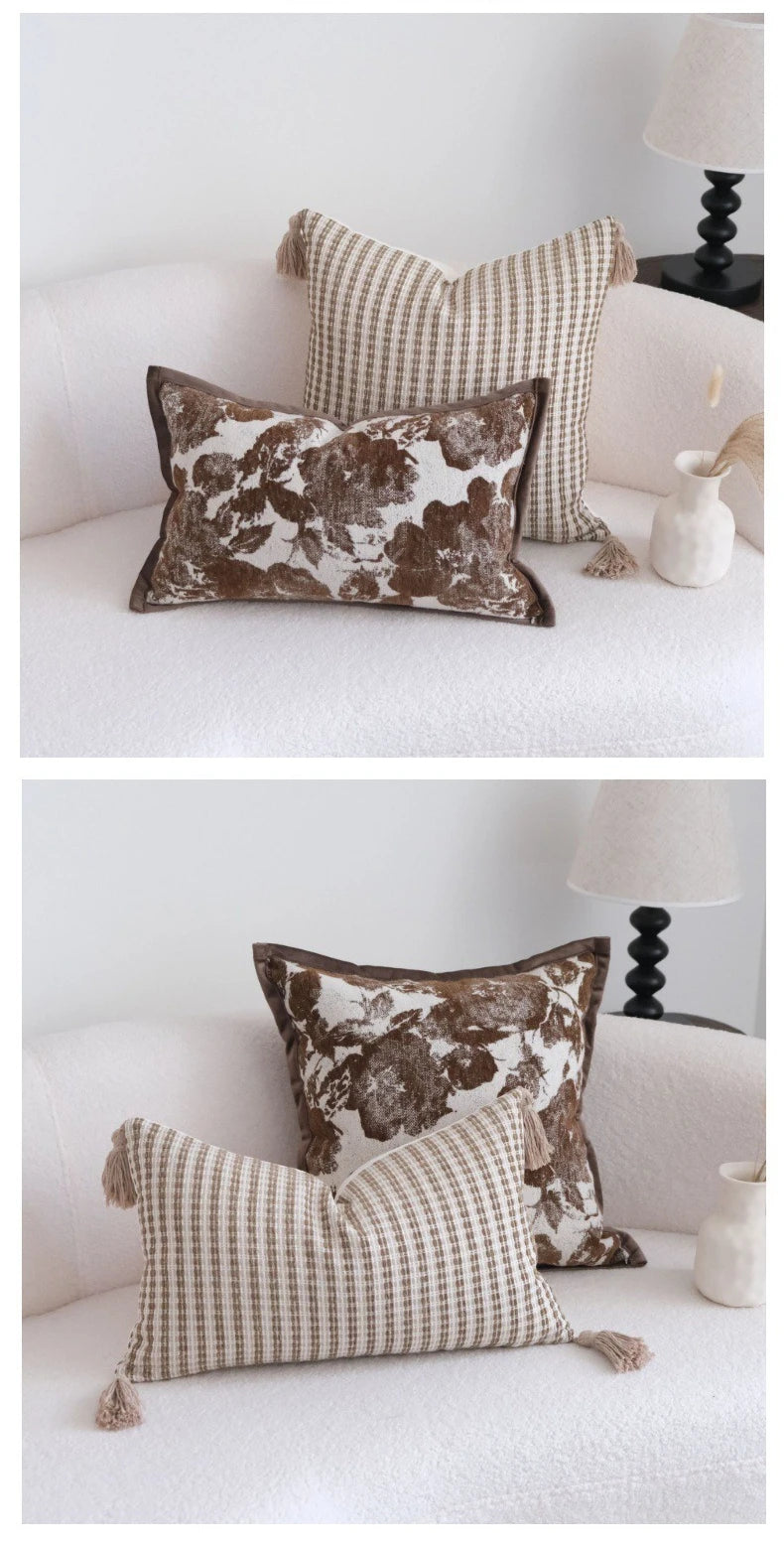 Coffee Brown Maillard Cushion Cover Retro Geometric Jacquard Pillow Case Wabi Sabi Pillow Covers Decorative Modern Luxury Home