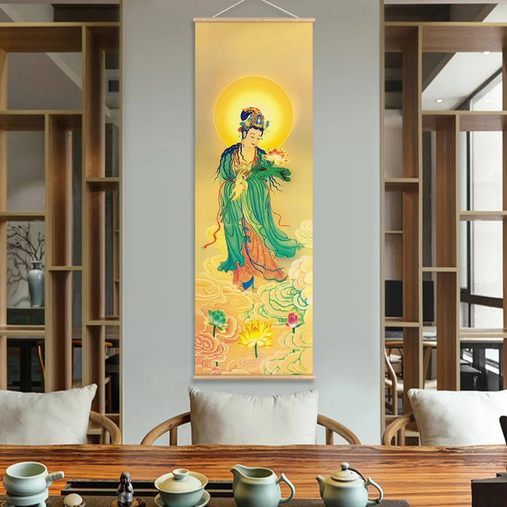 Connect the Buddha, the Three Saints of The west, Amitabha, Avalokitesvara, Bodhisattva, Canvas Prints, Scroll Hanging Painting