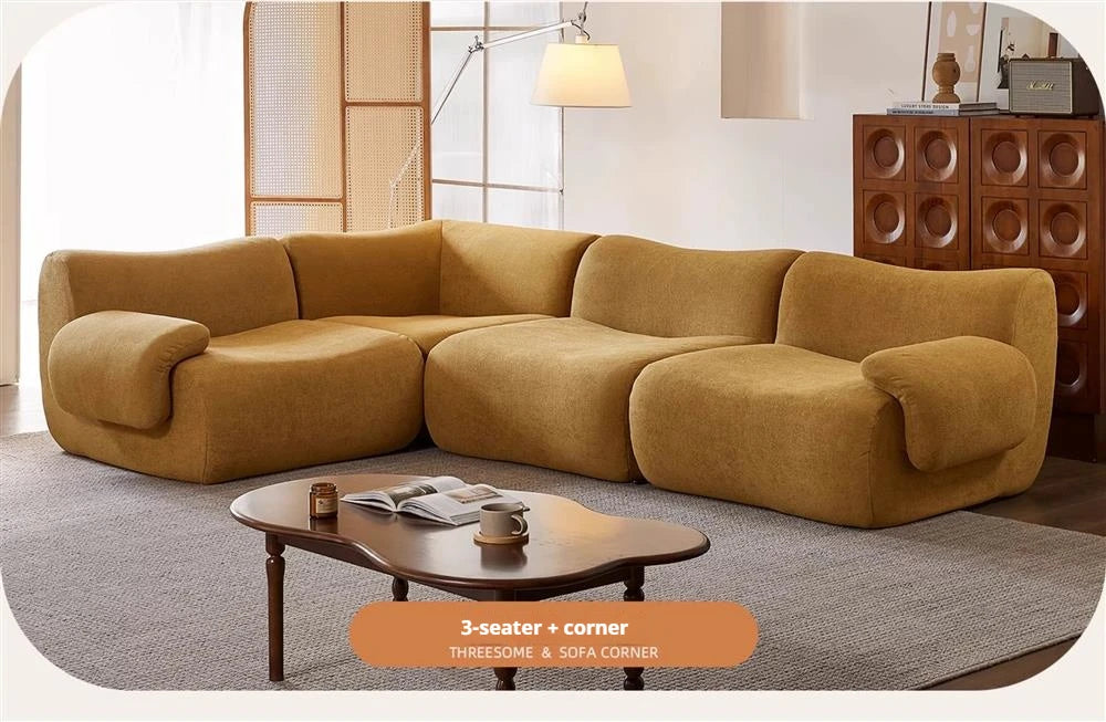 Vacuum-Compressed Modular Sofa, Wabi-Sabi Sherpa Fabric Sectional with High-Elastic Foam, Cream Mid-Century Style, Space Saving