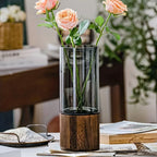 Elegant Glass Vase with Wooden Base for Hydroponic Plants,  Modern Tabletop Floral Arrangement Home Decoration