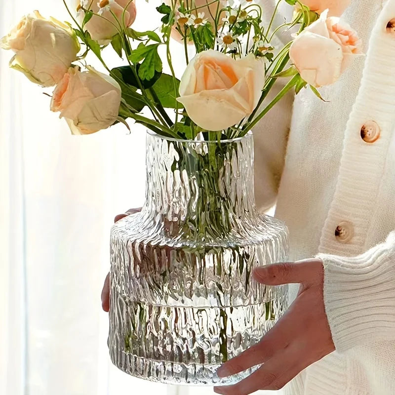 Handmade Glacier Textured Glass Vase, 8cm/3.15inch Caliber for Wide-Mouthed Floral for Decorating Living Rooms and Dining Tables