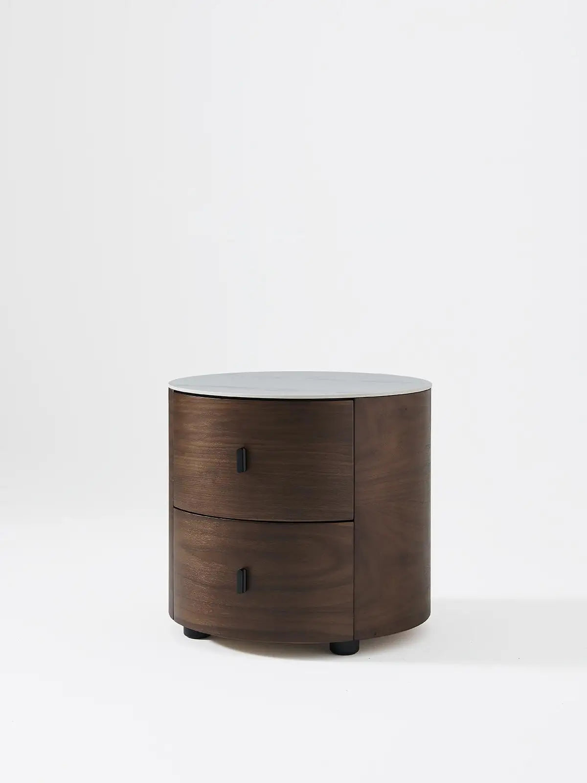 Italian Minimalist Nightstand, Walnut Round Bedside Table with Stone Top, Multi-Layer Wood &Eco-Friendly, Easy Clean, New Design