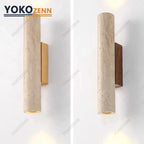 Wabi Sabi  Natural Travertine E27 Wall Lamp, Log & Walnut Wood Wall Light for Bedroom Bedside Staircase Living Room Home Decor