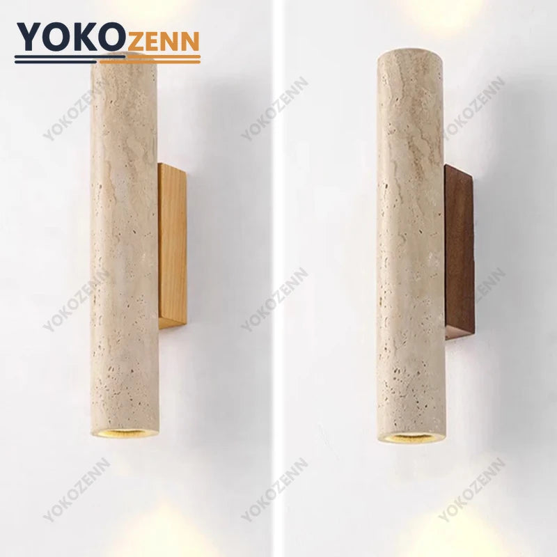 Wabi Sabi  Natural Travertine E27 Wall Lamp, Log & Walnut Wood Wall Light for Bedroom Bedside Staircase Living Room Home Decor